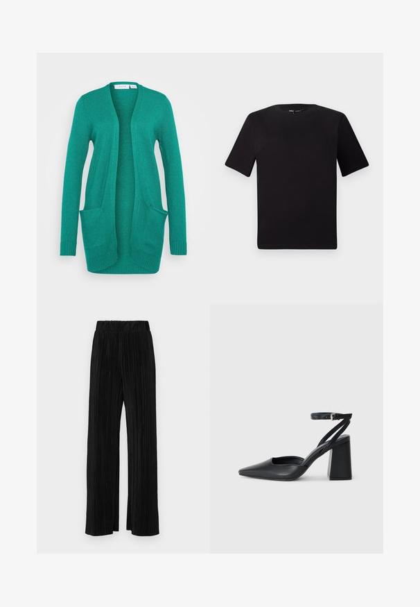 VILA VIRIL OPEN - Vest - ultramarine green dark melange; Zwarte T-shirt met korte mouwen en een ronde hals, gemaakt van zachte katoenstof. Eenvoudig ontwerp, geen zichtbare logo's of patronen.; Zwarte geplooide broek met een elastische tailleband. Beschikt over wijde pijpen en een glad, gestructureerd stof met verticale strepen.; Zwarte leren puntige pump met een enkelbandje en een chunky hak. Vlakke textuur, strakke vormgeving en minimalistische esthetiek.