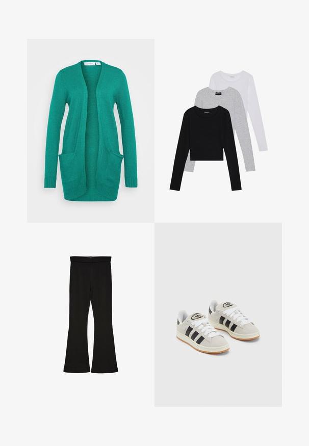 VILA VIRIL OPEN - Casaco de malha - ultramarine green dark melange; Três camisetas de manga longa empilhadas: preta, cinza e branca. Cada uma tem um decote redondo e um design cropped, feitas de um tecido leve e suave.; Leggings pretos em flare feitos de um tecido elástico. Apresentam uma cintura larga e uma textura suave, com um silhueta ajustada que se alarga na bainha.; Tênis de camurça cinza com atacadores brancos, riscas pretas e uma sola de borracha branca. Apresenta um logótipo circular na língua e uma sola de borracha.