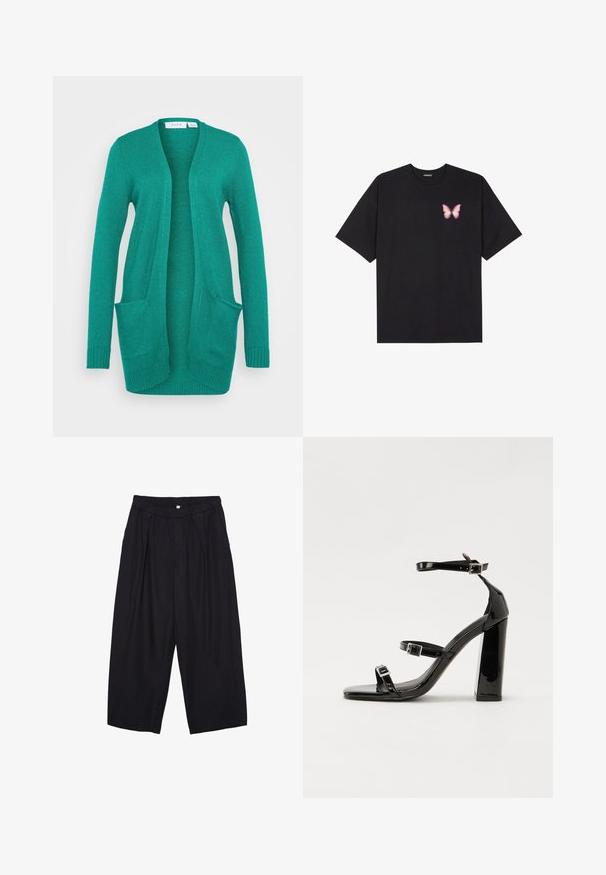 VILA VIRIL OPEN CARDIGAN - Kardigan - ultramarine green dark melange; Černé bavlněné tričko s krátkým rukávem, na levém prsou s malou grafikou růžové motýlky. Design s kruhovým výstřihem a volným střihem.; Černé polyesterové culotte kalhoty s elastickým pasem, dvěma předními sklady a volným siluetou. Žádné viditelné vzory ani kovové detaily.; Černé lakované sandály na podpatku se čtveratou špičkou, lýtkovými pásky a stříbrnými přezkami. Disponují masivním blokovým podpatkem pro stabilitu.