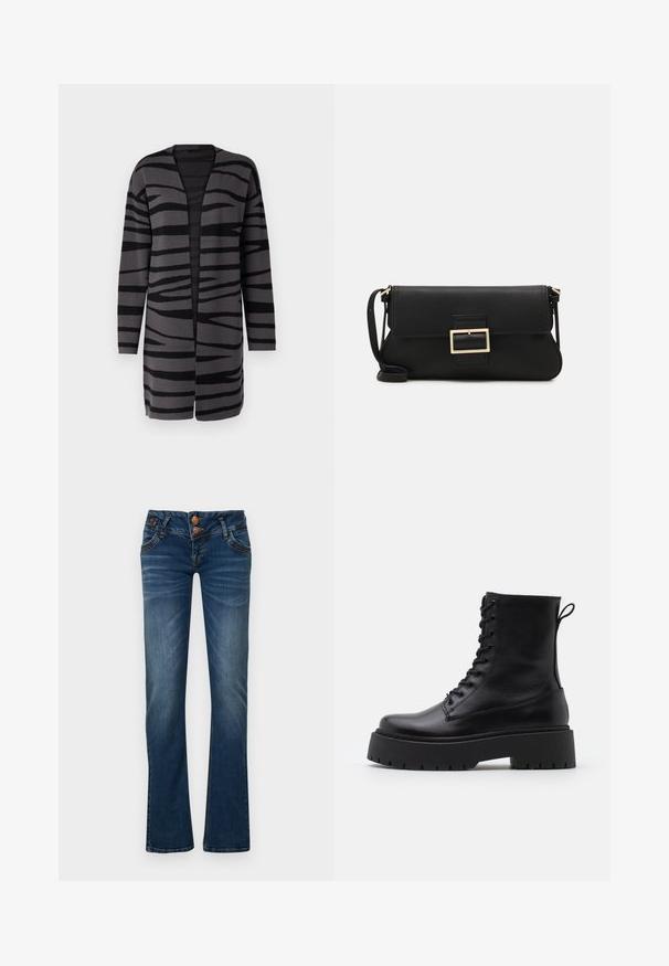 Ilgas kardiganas su juodai pilku zebro raštu, atviru priekiniu dizainu, pagamintas iš minkštos, tekstūruotos medžiagos su ilgomis rankovėmis.; Juodas ilgomis rankovėmis megztinis, pagamintas iš lygaus audinio, su apvaliomis iškirptėmis ir raukiniais pečių ir rankogalių srityse.; Tamsiai mėlynos bootcut džinsai su dviem priekiniais mygtukais, penkiomis kišenėmis ir švelniu išblukimu ant šlaunų ir kelių.; Juodos odinės aulinukės su apvalia nosimi, raišteliais priekyje ir storesniu guminio pado apačioje su tekstūruotu raštu. Priekyje yra kilputė.; Juodas odinis dėkliukas su atvarteliu ir auksinės metalinės sagties detalėmis. Įeina juodas diržas ir elegantiškas, minimalistinis dizainas.; Aukso spalvos žiedo auskarai, ploni ir apvalūs, su lygiu metaliniu paviršiumi be papuošimų ar raštų.