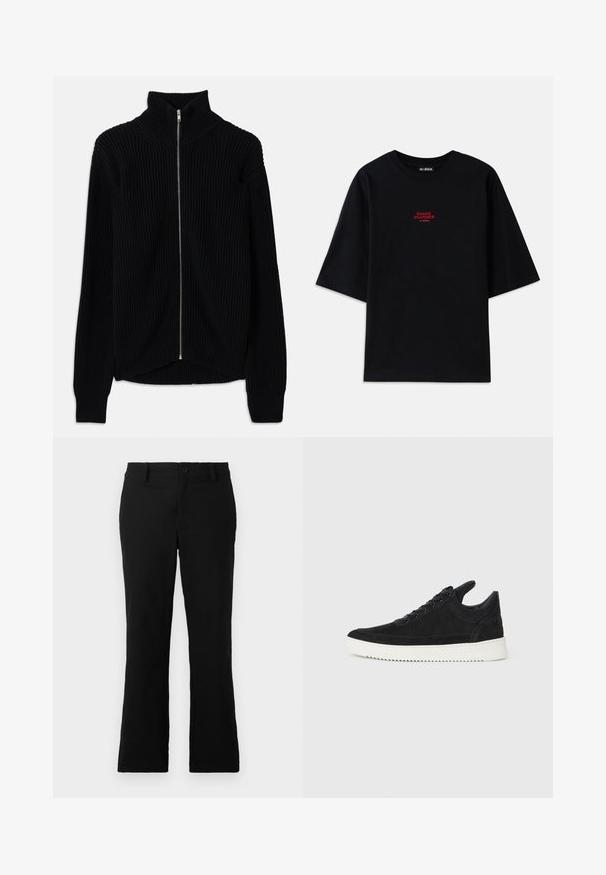 Svart ribbad tröja med hög krage och hela dragkedjan. Har ett texturerat tyg och något rundad nederkant för ett lager-på-lager utseende.; Svart bomull T-shirt med korta ärmar och rundad halsringning. Har en röd "SNAKE CHARMER" grafik på bröstet.; Svarta utsvängda byxor i bomullsblandning, med knappstängning, bälteshällor och en mjuk textur utan synliga mönster.; Svart mockaskor med en vit gummisula, som har ton-i-ton-sömmar och snörningsdesign. Slät textur med en modern, strömlinjeformad form.