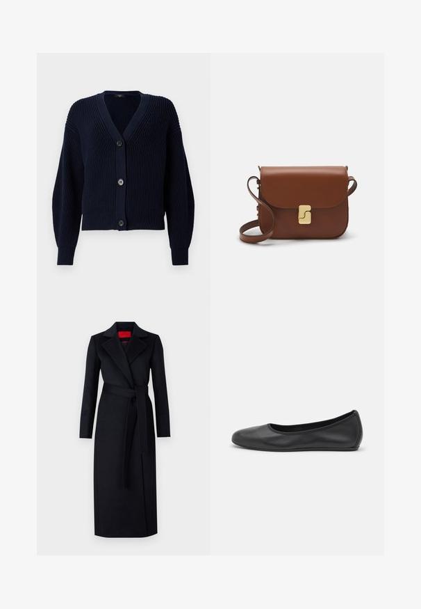 Ναυτικό ριμπ καρό cardigan με V λαιμόκοψη, δύο μεγάλες κουμπιά μπροστά και μακριά μανίκια με υφή.; Άσπρο κοντομάνικο μπλουζάκι φτιαγμένο από ριγέ ύφασμα. Στρογγυλή λαιμόκοψη, κανονική εφαρμογή και διακριτές λεπτομέρειες ραφής. Χωρίς σχέδια ή γραφικά.; Μαύρο παλτό με μακριά μανίκια, σχέδιο τύπου περιτυλίγματος και ταιριαστό ζώνη. Φτιαγμένο από λείο ύφασμα, διαθέτει κολάρο με εγκοπή και πλαϊνές τσέπες.; Μαύρο δερμάτινο μπαλαρίνι με στρογγυλή μύτη, λεία υφή, ελάχιστες λεπτομέρειες ραφής και σχεδίαση ευέλικτης σόλας.; Καφέ δερμάτινη τσάντα χειρός με κλείσιμο καπάκι, χρυσές λεπτομέρειες, ιμάντα ώμου και λεία υφή. Συμπαγές ορθογώνιο σχήμα.