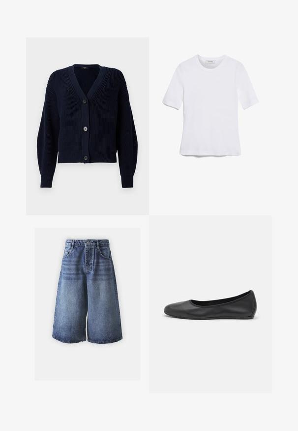 Navy ribbed cardigan with a V-neck, two large buttons at the front, and long sleeves featuring a textured finish.; White short-sleeve t-shirt made of ribbed fabric. Round neckline, regular fit, and subtle stitching details. No patterns or graphics.; Denim shorts in light to dark blue gradient with a classic five-pocket design, finished with a button fly and wide legs.; Black leather ballet flat with a rounded toe, smooth texture, minimal stitching detail, and a flexible sole design.