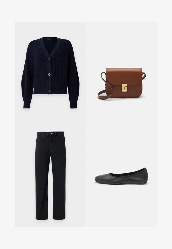 Marineblauwe geribbelde cardigan met een V-hals, twee grote knopen aan de voorkant en lange mouwen met een textuurafwerking.; Witte korte mouwen t-shirt van ribstof. Ronde halslijn, normale pasvorm en subtiele stiksels. Geen patronen of grafische elementen.; Zwarte denim jeans met een recht model, vijf-pocket ontwerp, koperen knoopdetails en minimale zichtbare stiksels.; Zwarte leren ballerina met een ronde neus, gladde textuur, minimale stikdetails en een flexibele zoolontwerp.; Bruine leren handtas met een klep sluiting, gouden hardware, een schouderband en een gladde textuur. Compact rechthoekige vorm.