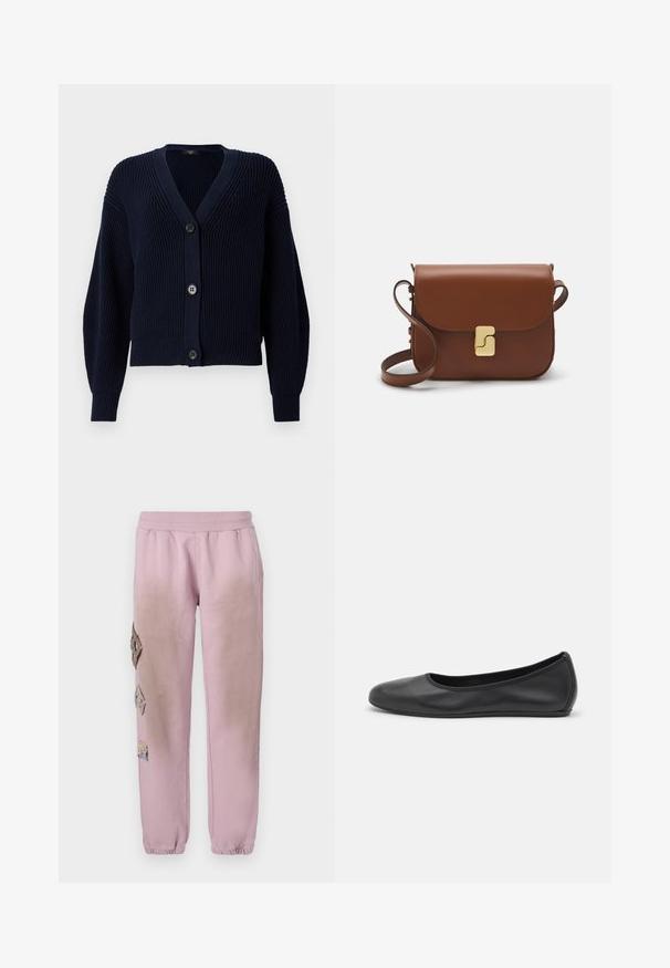 Navy ribbed cardigan with a V-neck, two large buttons at the front, and long sleeves featuring a textured finish.; White short-sleeve t-shirt made of ribbed fabric. Round neckline, regular fit, and subtle stitching details. No patterns or graphics.; Pink sweatpants with an elastic waistband, featuring decorative patches in diamond shapes on the left side and elastic cuffs at the ankles.; Black leather ballet flat with a rounded toe, smooth texture, minimal stitching detail, and a flexible sole design.; Brown leather handbag with a flap closure, gold-tone hardware, a shoulder strap, and a smooth texture. Compact rectangular shape.