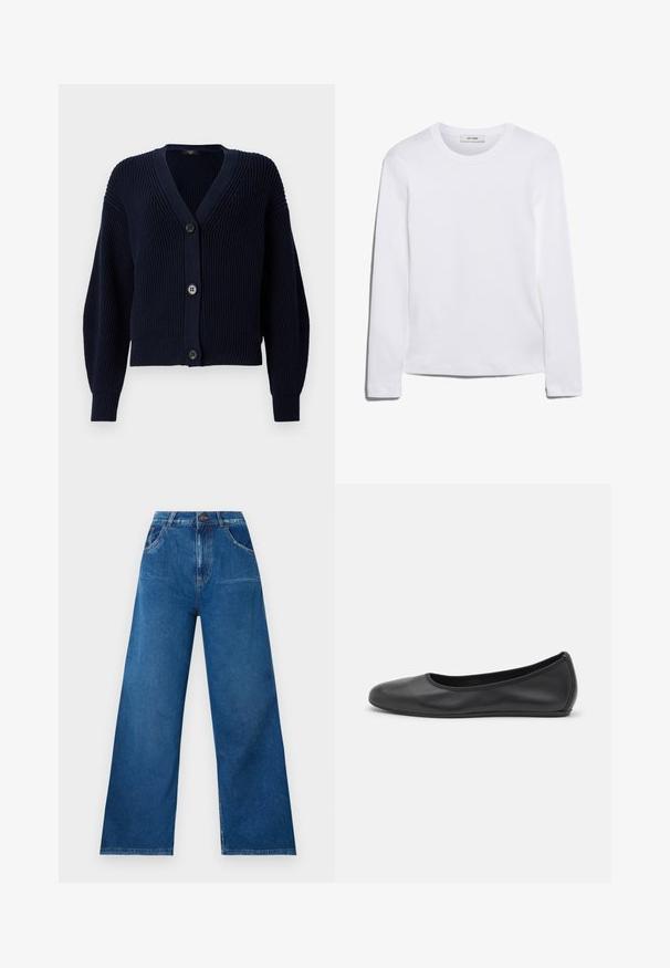 Marineblauwe geribbelde cardigan met een V-hals, twee grote knopen aan de voorkant en lange mouwen met een textuurafwerking.; Wit T-shirt met lange mouwen, gemaakt van ribgebreide katoen, met een ronde halslijn en een rechte zoom. Eenvoudig ontwerp zonder patronen of accenten.; Brede pijpen jeans in donkerblauwe denim met een hoge taille, voorzien van voor- en achterzakken, en contrasterende stikseldetails.; Zwarte leren ballerina met een ronde neus, gladde textuur, minimale stikdetails en een flexibele zoolontwerp.