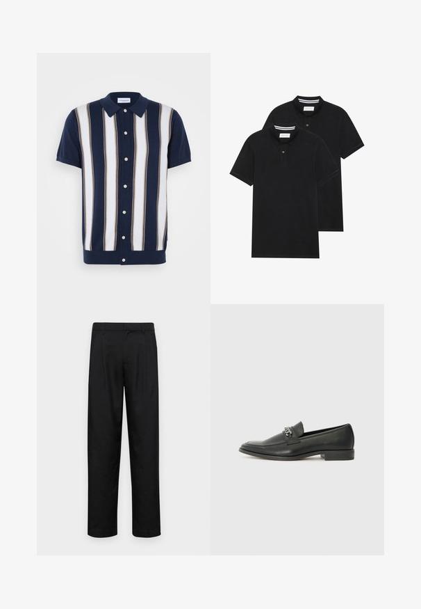 Camisa polo de manga corta con base azul marino y rayas verticales en blanco y marrón. Cuenta con un cuello y cierre frontal con botones.; Dos camisetas polo negras, de manga corta, de material de algodón, que presentan un cuello clásico, una tapeta de dos botones y acentos de rayas blancas en el interior del cuello.; Pantalones negros de tela suave, con un diseño de pierna recta, dos pliegues frontales y una cintura estándar con trabillas para el cinturón.; Mocasín de cuero negro con un acabado suave, que cuenta con un diseño de costura y un acento decorativo de cadena de metal en el empeine. Tacón plano.