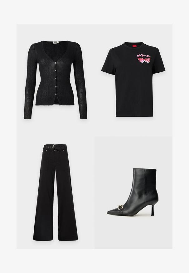 Black ribbed cardigan with long sleeves, V-neckline, and six front buttons. The fabric has a lightweight, sheer texture.; Black cotton t-shirt with short sleeves featuring a pink graphic of sunglasses and text "Not Your Girl" on the left chest area.; Black wide-leg trousers made from cotton, featuring a high waist, large side pockets, and a belted waist with silver hardware accents.; Black leather ankle boot with pointed toe, slim mid-height heel, and silver buckle detail on side against plain background.