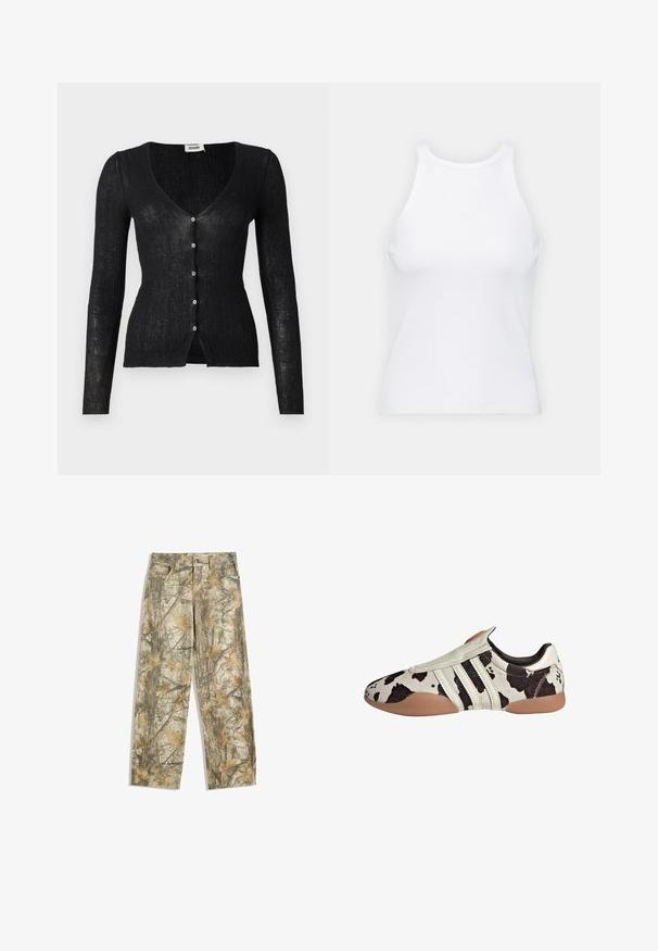Schwarze gerippte Strickjacke mit langen Ärmeln, V-Ausschnitt und sechs vorderen Knöpfen. Der Stoff hat eine leichte, durchscheinende Textur.; Weißes ärmelloses Tanktop aus geripptem Stoff, mit rundem Ausschnitt und figurbetonter Silhouette, minimalen Nähten und ohne Verzierungen.; Tarnhosen mit einem mehrfarbigen grünen und braunen Blättermuster, ausgestattet mit einem klassischen Fünf-Taschen-Design und einem lockeren Schnitt.; Schwarz-weiße gemusterte Lederschuhe mit strukturiertem Finish, ausgestattet mit drei weißen horizontalen Streifen und einer braunen Gummisohle.