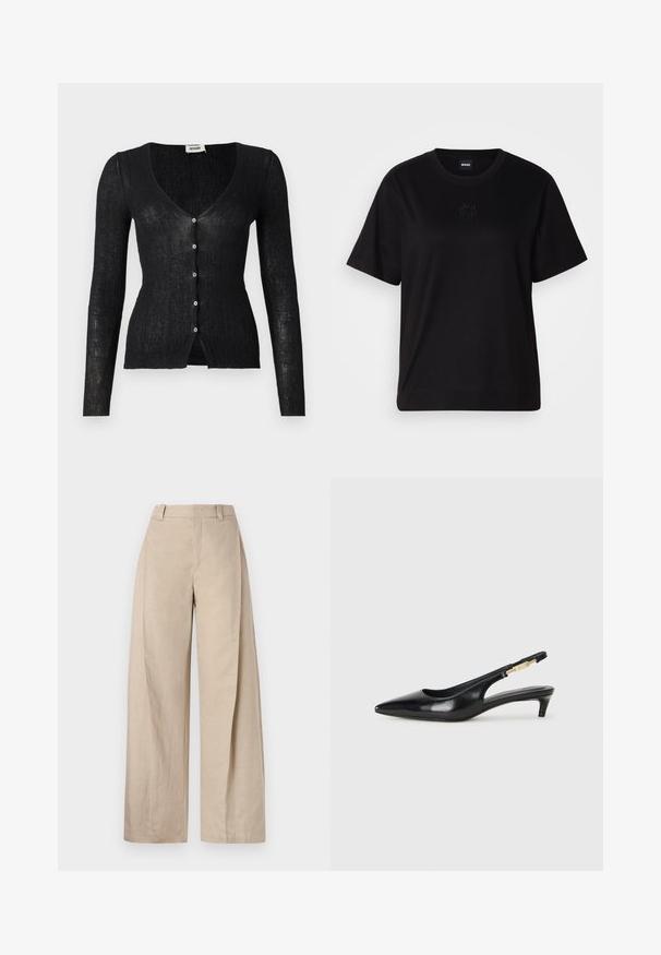 Svart ribbestrikket cardigan med lange ermer, V-hals og seks frontknapper. Stoffet har en lett, gjennomsiktig tekstur.; Svart bomull T-skjorte med rund hals, korte ermer og et brodert logo på brystet. Enkel, avslappet passform uten mønstre.; Beige linbukser med vide ben og høy midje, med en glatt tekstur og rene linjer, designet for en avslappet passform.; Sorte lærreim hæler med spiss tå, som har en slank hæl og en gullfarget detalj på den justerbare stroppen. Glatt tekstur.