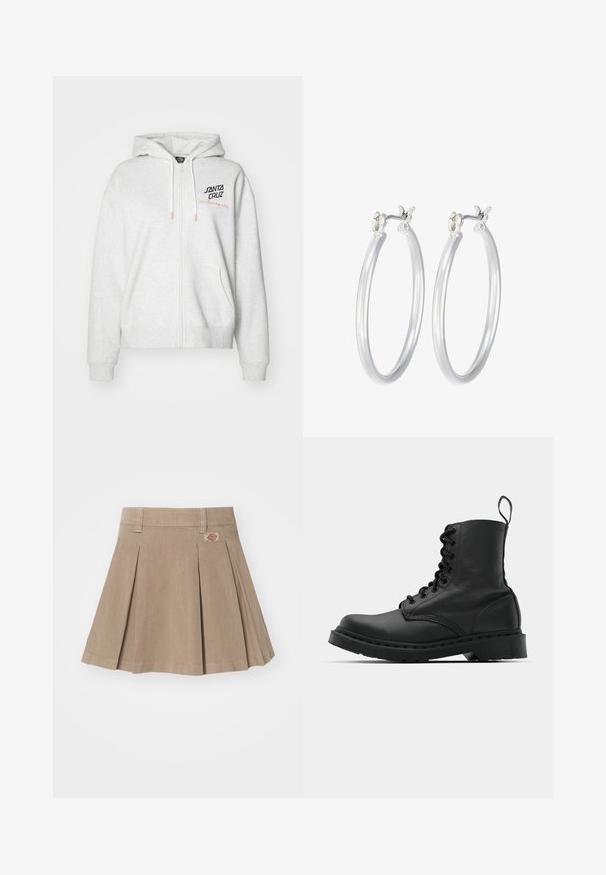 Light gray zip-up hoodie made of soft fabric. Features a drawstring hood, side pockets, and "SANTA CRUZ Skateboards" embroidered on the chest.; Cropped T-shirt in light pink, made of soft fabric. Features a crew neck and short sleeves with a small white Nike logo on the chest.; Beige pleated skirt made from a textured fabric. Features a waistband with belt loops and a logo patch on the front left side.; Black leather combat boot with a round toe, lace-up front, and a pull tab at the ankle. Features a thick rubber sole for durability.; Silver hoop earrings with a smooth, polished finish. Round shape and secure click-top closure. Lightweight design suitable for everyday wear.