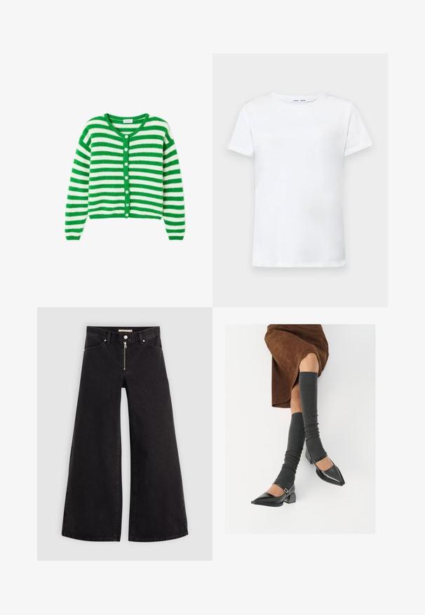 Zaļi un balti svītrota kardigāna ar mīkstu audumu, ar V-veida kakla izgriezumu, pogu aizdari un garām piedurknēm. Nedaudz īsa garuma.; Balta īsām piedurknēm T-krekls, izgatavots no kokvilnas, ar apaļu kakla izgriezumu. Gluda tekstūra un taisna piegriezuma, bez rakstiem vai akcentiem.; Platas kājas džinsi melnā džinsa audumā ar rāvējslēdzēju priekšā, piecu kabatu dizains un smalkas šuvju detaļas. Gluda tekstūra un ikdienišķs stils.; Melnas laka ādas apavi ar norādītu purngalu, blokveida papēdi un potīšu jostu, saskaņoti ar pelēkām ribotām kāju sildītājām un brūnu zamšādas svārku.