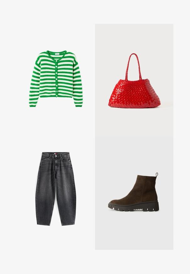 Žalias ir baltas dryžuotas kardiganas, pagamintas iš minkštos medžiagos, turintis V formos iškirpę, mygtukų užsegimą ir ilgomis rankovėmis. Apkarpytas ilgis.; Šviesiai mėlynas ilgomis rankovėmis polo marškinėliai su horizontaliomis pilkomis ir baltomis juostelėmis bei apykakle.; Aukštos liemens juodi džinsai su laisvu siluetu, kurie turi penkis kišenes, diržo kilpas ir prekės ženklo etiketę ant juosmens.; Rudos zomšiniai auliniai batai su masyvi juoda guminėmis padais, turintys šiek tiek pakylą ir kilpą gale, kad būtų lengva užsidėti.; Raudona pintinė rankinė su blizgiu paviršiumi, turinti pintas rankenas. Išskirtinė trikampė forma ir tekstūruotas paviršius su tankiu raštu.
