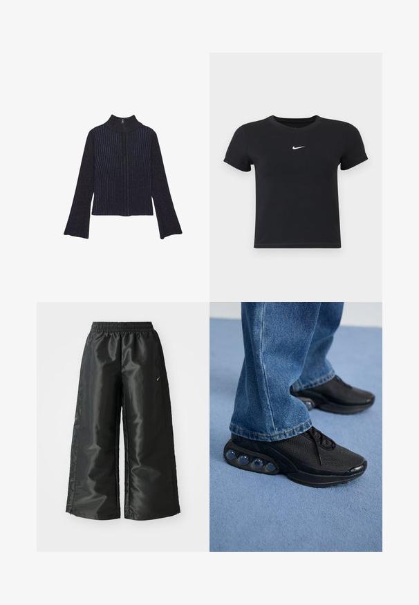 Pullover a collo alto in maglia a coste di un blu navy scuro con maniche lunghe. La stoffa presenta una leggera lucentezza e strisce verticali. Dettaglio con zip al collo.; T-shirt nera a maniche corte in cotone con scollatura rotonda. Presenta un logo Nike bianco sul petto, un design minimalista e una forma aderente.; Pantaloni sportivi neri con un tessuto lucido e morbido, dotati di una vita elasticizzata, gambe larghe e un piccolo logo sul lato sinistro.; Scarpe da ginnastica nere con tomaia in rete, dettagli testurizzati e pod di ammortizzazione visibili nella suola. Indossate con jeans in denim blu.