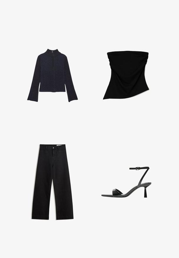 Tmavomodrý rebrovaný rolák s dlhými rukávmi. Tkanina má jemný lesk a vertikálne pruhy. Zips detail na krku.; Čierny látkový nákrčník s hladkým povrchom, plynulým dizajnom a asymetrickým strihom. Vhodný na rôzne použitia a jednoduchý na nosenie.; Čierne denimové nohavice s širokými nohavicami a vysokým pásom, so prednými a zadnými vreckami, šitými švami a zapínaním na gombík. Hladká textúra.; Bershka Sandále na vysokom opätku - black