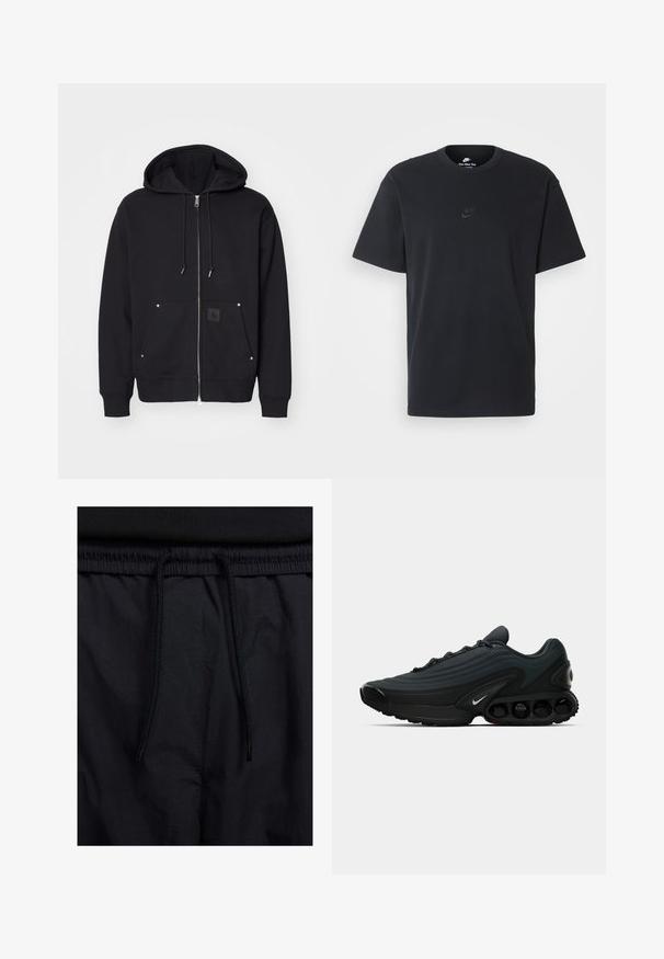 Zwarte zip-up hoodie gemaakt van zachte stof. Beschikt over een grote capuchon, voorzakken, zilveren hardware en een vierkante logopatch op de linker zak.; Zwarte katoenen t-shirt van Nike met een klassieke ronde hals, korte mouwen en een subtiele, reliëflogo op de borst. Gladde textuur.; Zwarte shorts met een drawstring tailleband, lichtgewicht stof met een zachte textuur en een eenvoudig ontwerp zonder zichtbare logo's of patronen.; Zwarte sportschoen met een bovenwerk van textuurstof, gebogen ontwerp, prominente tussenzool en zichtbare dempingselementen. Bevat een wit logo detail.