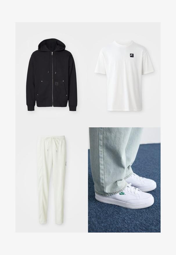 Black zip-up hoodie made of soft fabric. Features a large hood, front pockets, silver hardware, and a square logo patch on the left pocket.; White cotton t-shirt with short sleeves and a crew neck; features a small black rectangular Nike Air logo on the left chest.; White slim-fit jogger pants with elastic waistband and drawstring, featuring side seam detailing and a small black patch on the right leg.; White leather sneakers with green Nike logo, round toe, flat sole, paired with light blue denim pants, shown on a blue carpet.