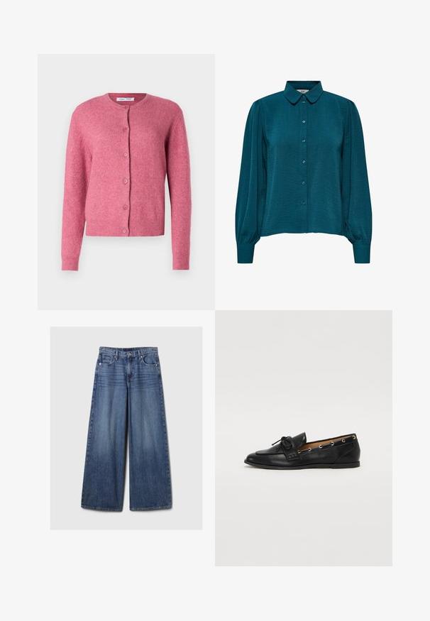Rožinė kardiganas, pagamintas iš minkštos medžiagos. Jame yra apvalus kaklas, ilgomis rankovėmis, sagų užsegimas ir raukšlėti rankogaliai bei apatinė dalis.; Mėlyna bluzonė su apykakle, mygtukų priekyje ir ilgomis rankovėmis. Pagaminta iš tekstūruotos medžiagos su surinktomis rankovėmis.; Platus mėlynos džinsinės kelnės su išblukusiu paviršiumi, su mygtukų ir užtrauktuko uždarymu, penkiomis kišenėmis ir diržo kilpomis.; Juodi odiniai loafai su surišta mazgeliu, su auksinėmis akytėmis šoninėse dalyse ir plokščiu guminiu padu. Lygus paviršius, klasikinis dizainas.
