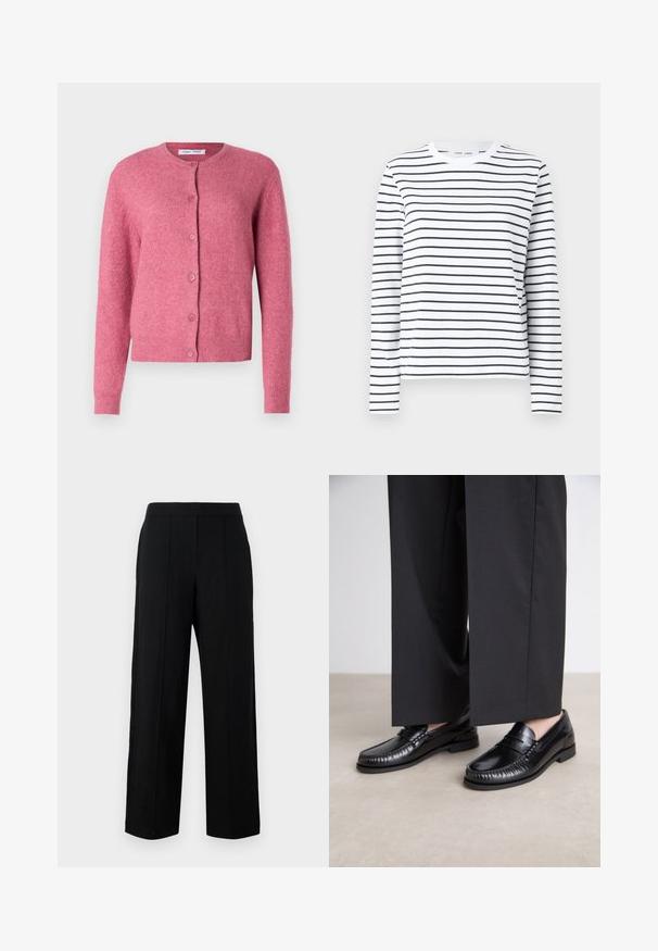 Pink cardigan made of soft material. It features a round neckline, long sleeves, button closure, and ribbed cuffs and hem.; Long-sleeve shirt in white cotton with black horizontal stripes. Features a round neck and a relaxed fit. No notable accents or patterns.; Black wide-leg trousers made of smooth fabric, featuring a flat front, two vertical seams, and a simple waistband design.; Black leather loafers with a smooth finish, stitched detailing around the toe, and a low rubber sole. Paired with wide black trousers.