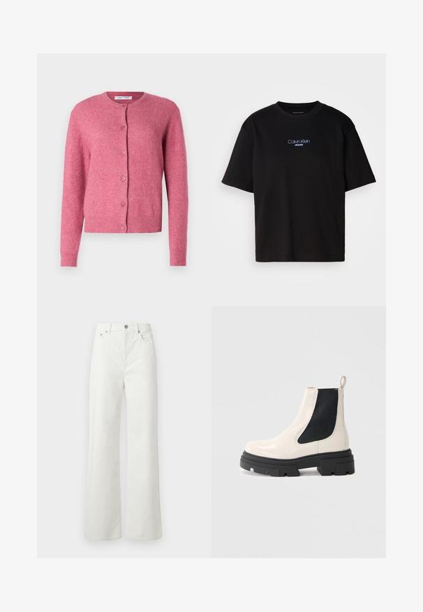 Rosa cardigan laget av mykt materiale. Den har rund hals, lange ermer, knappelukking og ribbede mansjetter og nederkant.; Sort bomull t-skjorte med rund hals, korte ermer, og blå brodert "Calvin Klein JEANS" logo på forsiden.; Samsøe Samsøe SHELLY - Jeans relaxed fit - clear cream; Kremfargede lær Chelsea-støvler med tykk svart såle og elastisk svart sidepanel mot en hvit bakgrunn.
