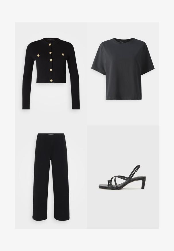Melna augsto jaku ar garām piedurknēm, ar zelta dekoratīvajiem pogām un divām priekšējām kabatām. Izgatavota no mīkstas, teksturētas auduma.; Melnas kokvilnas t-krekls, īsām piedurknēm, apaļš kakls, brīvs piegriezums, gluda tekstūra, vienkāršs dizains, bez rakstiem vai akcentiem.; Melna platā kāju bikses ar elastīgu jostu. Izgatavotas no teksturēta materiāla, ar brīvu piegriezumu un taisnu griezumu no gurniem līdz apakšmalai.; Melnas strappy sandales ar kvadrātveida purngaliem un zemu bloku papēdi. Ievērojamas ar vairākiem plāniem siksniņām un regulējamu potītes siksniņu. Izgatavotas no gludas ādas.