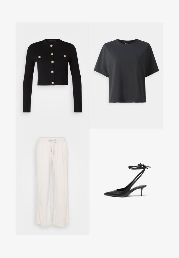 Cardigan noir court avec des manches longues, doté de boutons décoratifs dorés et de deux poches avant. Fabriqué à partir d'un tissu doux et texturé.; T-shirt en coton noir, à manches courtes, col ras du cou, coupe décontractée, texture lisse, design simple, sans motifs ni accents.; Pantalons beige clair à jambes larges avec une taille élastique et un cordon de serrage. Fabriqués à partir d'un matériau doux avec des coutures verticales sur le devant.; Escarpin noir en cuir avec un bout pointu, un dos ouvert et des brides à la cheville nouées en nœud. Talon fin de 3 pouces. Texture lisse, design minimaliste.