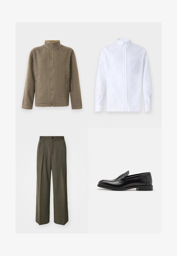 Hnedá fleece bunda s vysokým golierom, zipsom a ozdobnými zlatými nitmi v vírivom vzore na jednej strane.; Biely dlhý rukáv košeľa s gombíkmi vyrobená z bavlny, s náprsného vrecka s tonálnou výšivkou, golierom a gombíkovými manžetami.; Filippa K WIDE TROUSERS - Nohavice - driftwood; Čierne kožené mokasíny s hladkou textúrou, zaoblenou špičkou a dekoračným pásikom cez priehlavok. Nízky vrstvený opätok, minimalistický dizajn.