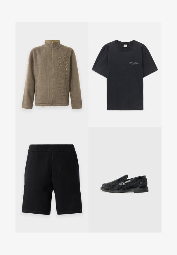 Fleece jacket in brown, featuring a high collar, zip closure, and decorative gold studs in a swirling pattern on one side.; Black short-sleeve crew neck t-shirt with small white "Filling Pieces" text logo on the left chest.; Black athletic shorts made of soft material; features an elastic waistband, two side pockets, and contrasting stitching.; Black woven slip-on shoe with a smooth leather accent on the upper, a round toe design, and a low-profile rubber sole.