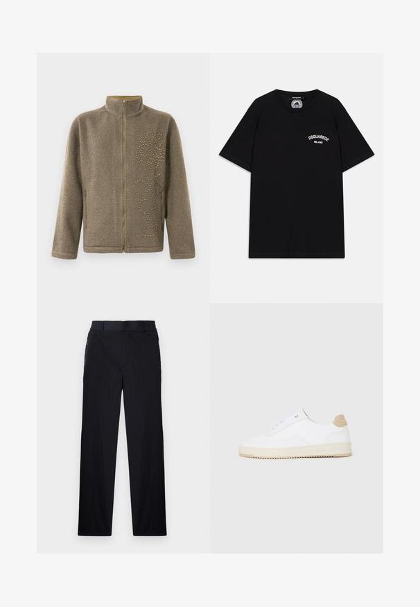 Fleece jack in bruin, met een hoge kraag, rits sluiting en decoratieve gouden studs in een spiraalpatroon aan één kant.; Zwarte katoenen T-shirt met korte mouwen, met een wit "DSQUARED2 MILANO" logo op de borst. Crew neck ontwerp, gladde textuur.; Zwarte broek van een lichtgewicht, gestructureerde stof, met een recht model, elastische Tailleband en zijzakken met rits.; Witte lage sneakers van textuurleer met een romige, ribbelige zool en een tankleurige hakaccent. Voorzien van witte veters en logodetail op de hak.