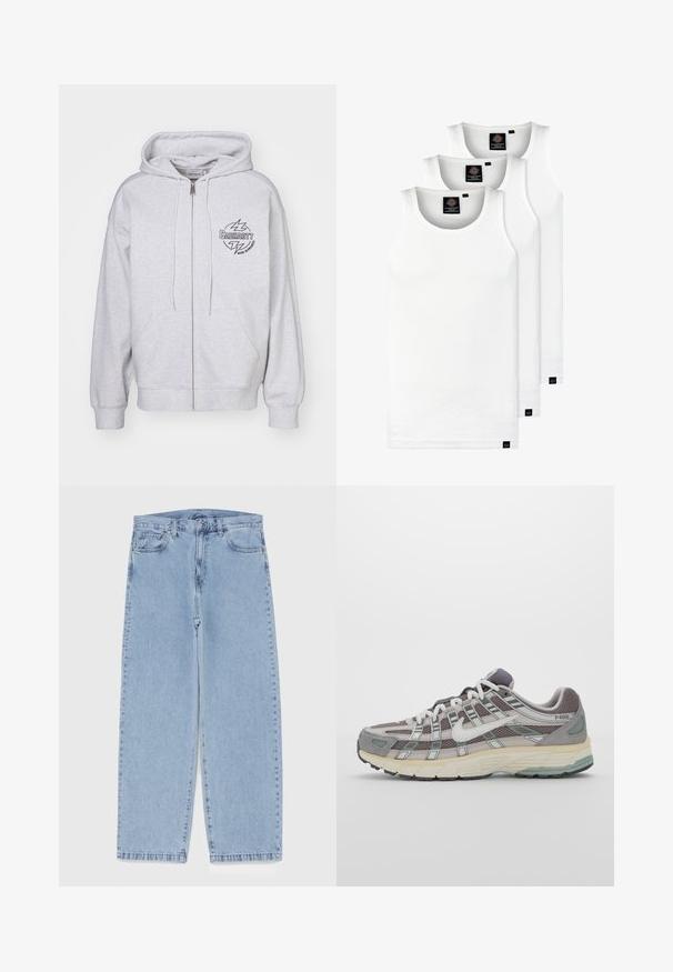 Hallide hallidega hall kapuutsiga jakk, ees tasku, reguleeritavad nöörid ja must logo, millel on välgud vasakul rinnal. Pehme tekstuur.; Kolm valget ribaga t-särki, mis on valmistatud puuvillast. Omavad ümmargust kaelanõhku ja väikseid musti silte hemme lähedal. Saadaval erinevates suurustes.; Heled sinise denimi sirgete põlvede lõikega teksad, millel on keskmise kõrgusega vöökoht, viis taskut ning nööbid ja tõmblukk.; Hallus hallitus jalanõud, millel on võrgust ja sametist ülemine osa, valged rõhutused, pehme tald ning eristuv disain peegelduvate elementidega.