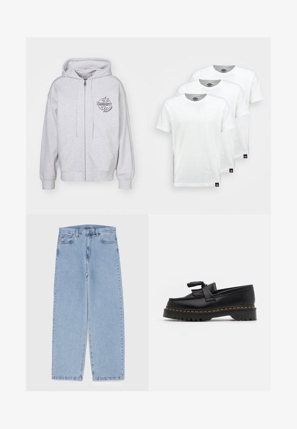 Pilkas zip-up džemperis su priekinėmis kišenėmis, reguliuojamomis raišteliais ir juodu logotipu, kuriame pavaizduoti žaibai kairėje krūtinės pusėje. Minkšta tekstūra.; Trys paprasti balti medvilniniai marškiniai trumpomis rankovėmis. Kiekvienas marškinys turi apvalų kaklo iškirpimą ir mažą juodą logotipo etiketę kairėje pusėje.; Šviesiai mėlyni džinsai su tiesiomis kojomis, turintys vidutinio aukščio juosmenį, penkias kišenes ir mygtuko bei užtrauktuko uždarymą.; Juodas odinis loaferis su kutais, turintis masyvų juodą pado ir geltonus siūlus palei kraštą. Textūruota danga.