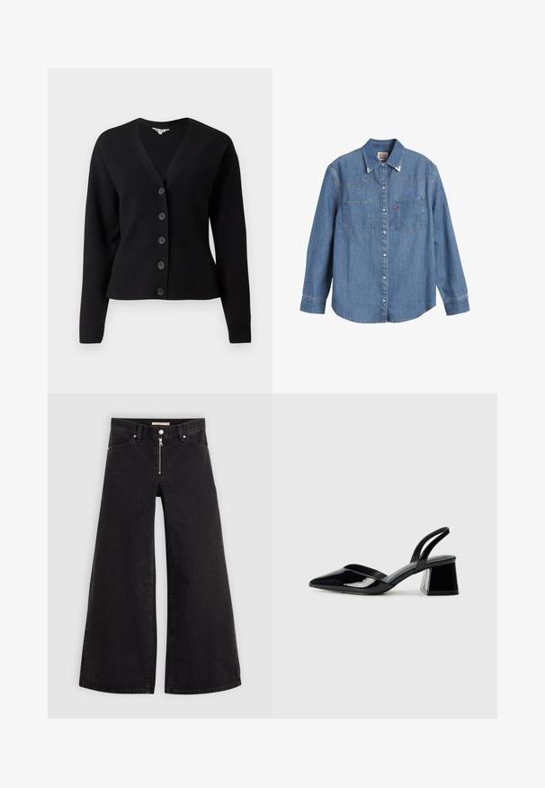 Cardigan negro de manga larga con botones, escote en V y puños acanalados, presentado sobre un fondo blanco liso.; Camisa de mezclilla azul clara con mangas largas, cuello puntiagudo, dos bolsillos en el pecho y costuras en contraste. Presenta un diseño de canesú de estilo occidental.; Jeans de pierna ancha en denim negro con cierre frontal, diseño de cinco bolsillos y detalles de costura sutiles. Textura suave y estilo casual.; Zapatos de tacón slingback de charol negro con punta afilada y tacón geométrico en bloque. Presentan un diseño elegante y minimalista, así como una textura suave.
