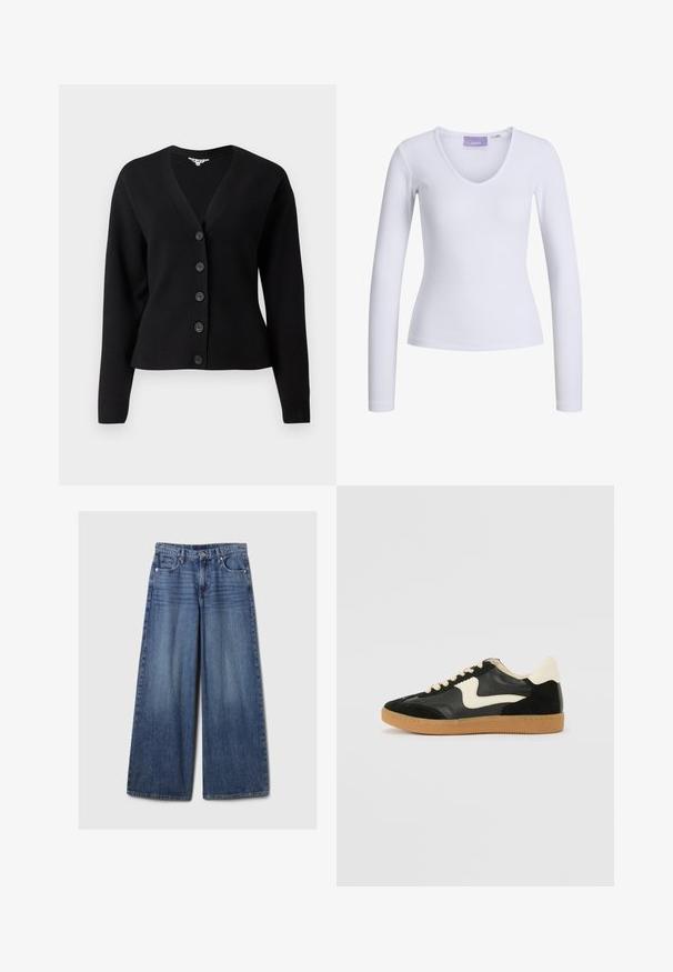 Čierny kardigán s dlhými rukávmi, zapínaním na gombíky, V-výstrihom a rebrovanými manžetami, zobrazený na čistom bielom pozadí.; Biely dlhý rukáv top s pružným textúrou a dizajnom s výstrihom do V. Nápis značky "JJXX" je viditeľný vo vnútri výstrihu.; Džíny s širokými nohavicami v modrej farbe s vyblednutým povrchom, s gombíkom a zipsom, piatimi vreckami a pútkami na opasok.; Čierne semišové a kožené tenisky s krémovým bočným prešívaním a svetlo krémovou pätou. Obsahujú béžové šnúrky a podošvu z gumeného kaučuku.