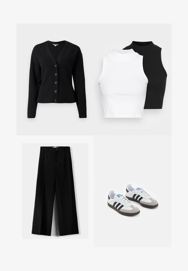 Musta pitkähihainen napillinen kardigan, jossa on V-pääntie ja ribbikuvioitu hihansuukote, esitettynä yksinkertaisen valkoisen taustan edessä.; Kaksi hihattomaa ribattua kauluspaitaa mustana ja valkoisena, joissa on istuva muotoilu ja sileä rakenne, sekä lyhyt pituus.; Mustat leveälahkeiset housut, jotka on valmistettu kevyestä kankaasta. Housuissa on etunappikiinnitys ja tasainen etuosa, sekä huolellisesti ommellut helmat.; Urheilukengät, joissa on valkoinen nahkainen päällinen, harmaa mokkanokka ja kolme mustaa raitaa. Ominaisuuksina sininen logo kielekkeessä ja kuvioitu kumipohja.