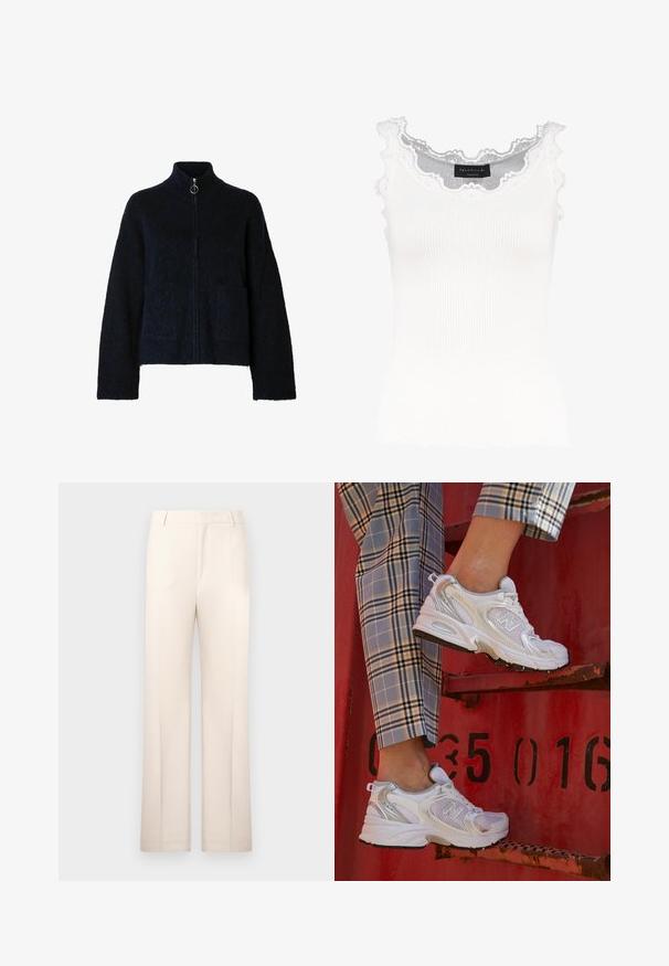 Laikinta navy su užtrauktuku, pagaminta iš tekstūruotos medžiagos, su aukšta apykakle, dviem priekinėm kišenėm ir apvaliu užtrauktuko traukimo elementu.; Valkoinen ribattu hihaton paita, jossa on pitsireunus kaula-aukossa ja hihoissa. Ominaisuutena pehmeä rakenne ja tiukka malli. Brändilogo näkyvissä sisäpuolella.; Beige housut, joissa on suora lahjemalli, valmistettu kevyestä kankaasta. Ominaisuuksina etupleatit ja klassinen vyötärönauha.; Valkoiset verkkokengät hopea-yksityiskohdilla ja teksturoidulla pohjalla, aseteltuna punaiselle pinnalle, yhdistettynä ruudullisiin housuihin.