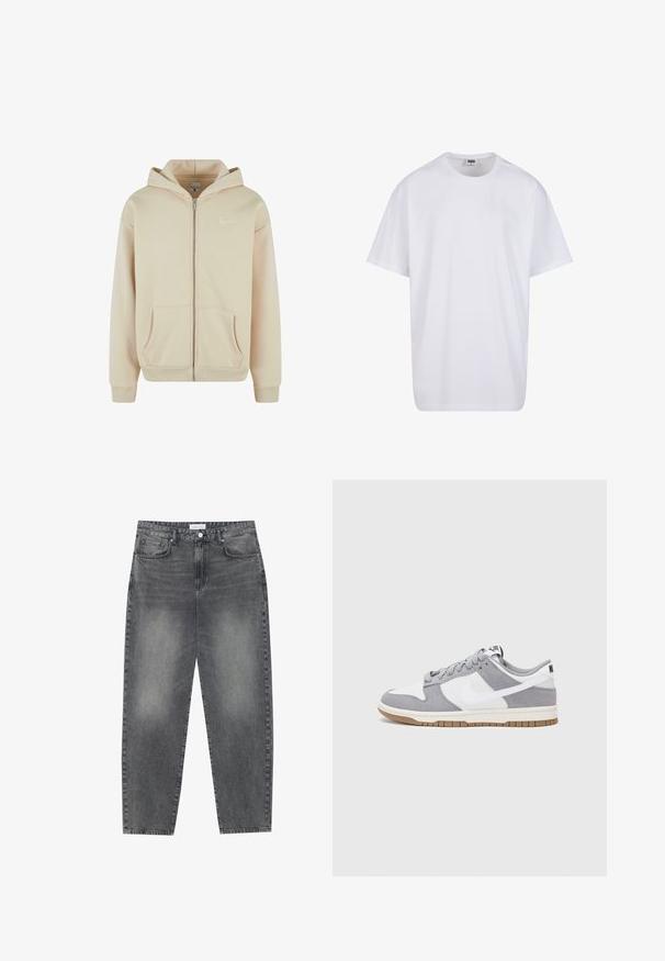 Beige zip-up hettegenser med frontlommer, ribbestrikkede mansjetter og midje. Har en liten hvit logo på venstre brystområde. Myk stofftekstur.; Hvit bomull t-skjorte med korte ermer, rund utringning, avslappet passform, og ingen synlige logoer eller mønstre. Glatt tekstur og minimalistisk design.; Høyt liv, løstsittende jeans i falmet svart denim. Har fem lommer, beltehemper og et rent, rett ben-design.; Grå og hvite sneakers med overdel i semsket skinn og lær, rund tå, flate lisser, og gummisåle med gummibelegg.