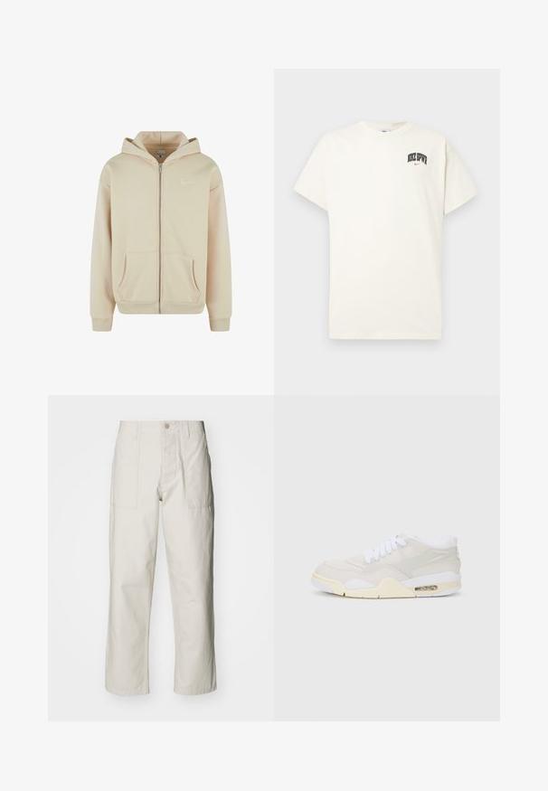 Beige zip-up hoodie with front pockets, ribbed cuffs, and waistband. Features a small white logo on the left chest area. Soft fabric texture.; Cream-colored cotton t-shirt with short sleeves, featuring "NIKE SB" in black and red text on the chest. Standard round neckline.; Light beige wide-leg pants made of cotton. Features front pockets and a button closure. Smooth texture with subtle vertical lines.; Sneakers with a light beige synthetic upper, white laces, and visible cushioning. Features a smooth sole and subtle side accents.