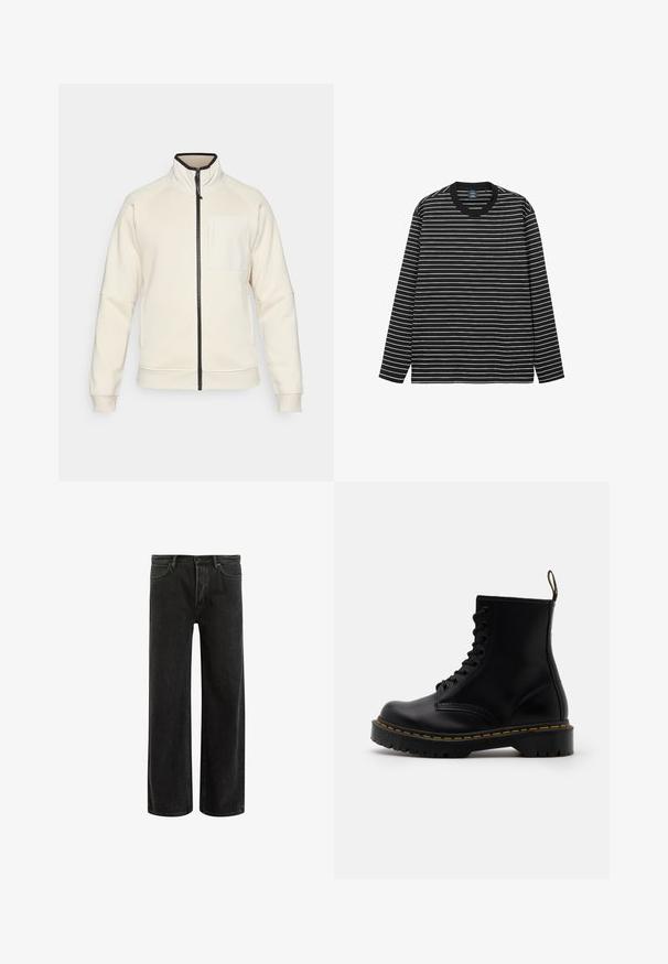 Felpa crema con colletto alto, zip completa e tasca frontale. Presenta maniche raglan e una superficie liscia. Accento della zip nera.; T-shirt a maniche lunghe a righe bianche e nere realizzato in morbido cotone. Presenta un collo rotondo e un colletto a costine nere in contrasto.; Jeans wide-leg in denim nero con vita alta, caratterizzati da un classico design a cinque tasche e da un leggero sbiadimento per un aspetto testurizzato.; Stivaletti alla caviglia in pelle nera con lacci anteriori, cuciture gialle, punta rotonda e suola in gomma spessa e testurizzata.