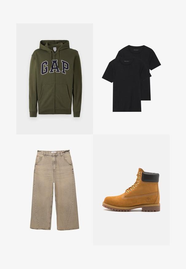 Olivově zelená zipová mikina s velkým námořnickým logem "GAP", dvěma předními kapsami a kapucí se stahovací šňůrkou. Hladký bavlněný materiál.; Dvě černé bavlněné tričko s krátkým rukávem, kulatým výstřihem a hladkou texturou, vystavené naskládané k sobě.; PULL&BEAR MEGA BAGGY - Baggy džíny - light grey; Hnědé semišové kotníkové boty s černým polstrovaným límcem, zlatými kovovými očky, bílým prošíváním a odolnou gumovou podrážkou s výraznými drážkami.