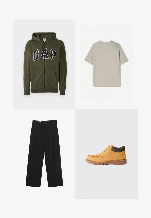 Olivgrön zip-up hoodie med en stor marinblå "GAP" logotyp, två framfickor och en dragsko i huvan. Slät bomullsblandning.; Beige bomull t-shirt med kort ärm. Har en enkel design och rund halsringning. Slät yta med minimal sömnad på baksidan.; Svarta vida byxor tillverkade av mjukt tyg, med platt midjeband, framfåll och en enkel knappstängning.; Gul lädersko med brun gummisula, rund tå och grön läderdetalj vid vristen. Har guldöglor och sömnadsdetaljer.