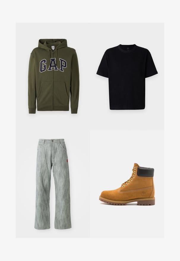 Olīvu zaļš pievilkšanas kapuce ar lielu tumši zilu "GAP" logotipu, divām priekšējām kabatām un regulējamu kapuci. Gluda kokvilnas maisījuma audums.; Melna kokvilnas T-kreklu ar apaļu kakla izgriezumu, īsām piedurknēm un taisnu griezumu. Iezīmē minimālu šuvju skaitu un mīkstu, gludu tekstūru.; Gai pelēki taisni džinsi ar priekšējiem un aizmugures kabatām, pogu aizdari un mazu sarkanu auduma birku labajā pusē.; Brūna zamša potīte ar melnu izšuvumu ap kaklu, zelta metāla acu caurumi, balta šuvju apdare un izturīgs gumijas zole ar izteiktu zīmējumu.