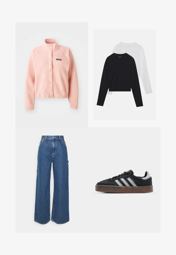 Mīksta rozā flīsa jaka ar pogu aizdari, augstu apkakli, garām piedurknēm un Columbia logo uz krūtīm.; Divas garām piedurknēm krekli: viens melns un viens balts. Abiem ir apaļa izgriezne, raglanu piedurknes un mīksta kokvilnas maisījuma audums.; Platleņķa zili džinsi ar augstu jostasvietu, kontrastējošām šuvēm un sānu kabatām, ar klasisku piecu kabatu dizainu un neapstrādātiem malām.; Melni sporta apavi ar elegantu dizainu, kas izdaiļoti ar trim baltām svītrām, melnu mēli un teksturētu brūnu gumijas zoli. Akcenti ar zelta burtiem.