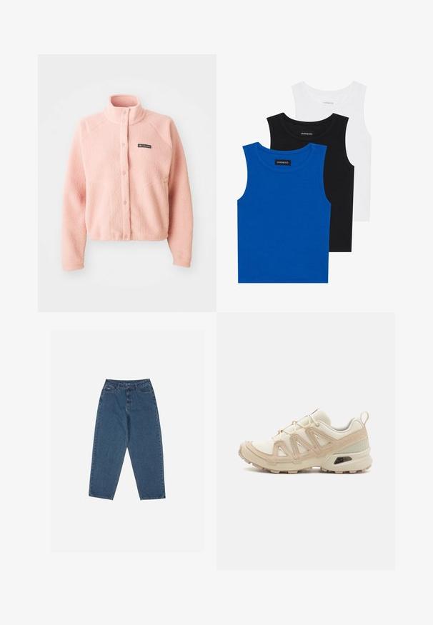 Miękka różowa polarowa kurtka z zapięciem na napy, wysokim kołnierzem, długimi rękawami i logo Columbia na piersi.; Trzy bezrękawniki w kolorach niebieskim, czarnym i białym. Materiał to prążkowana tkanina z okrągłym dekoltem. Każdy top ma metkę z napisem "even&odd."; Niebieskie dżinsy o luźnym kroju, wysoki stan, pięć kieszeni i akcenty przeszycia. Posiadają zapięcie na guzik i zamek błyskawiczny.; Beżowe i kremowe buty sportowe z teksturowanej siateczki, wspierającymi nakładkami oraz gumową podeszwą z wzorem bieżnika zapewniającym przyczepność.