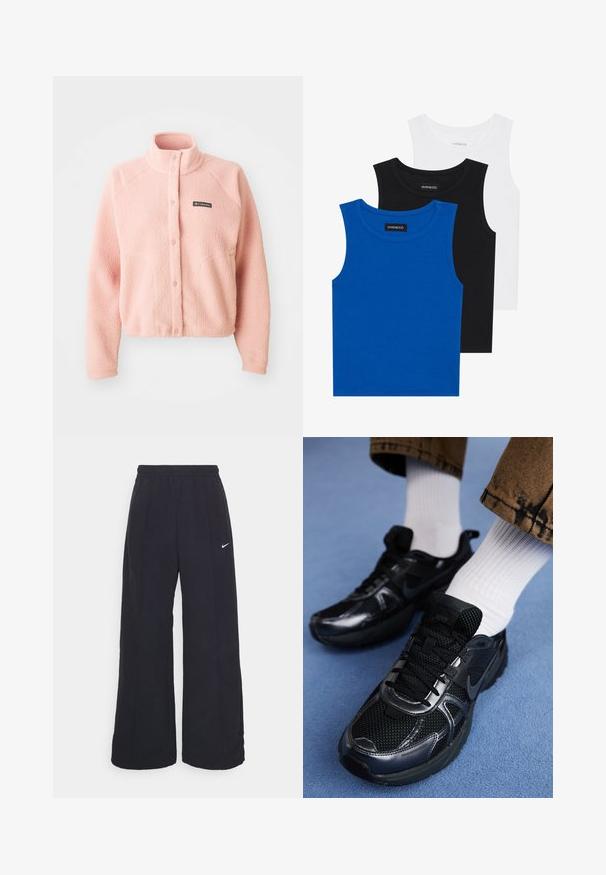 Giacca in pile rosa chiaro con chiusura a bottoni a pressione, colletto alto, maniche lunghe e logo Columbia sul petto.; Tre magliette senza maniche in blu, nero e bianco. Il tessuto è a coste con un colletto rotondo. Ogni maglietta ha un'etichetta con la scritta "even&odd."; Pantaloni neri a gamba larga con cintura elastica e un piccolo logo Nike bianco. Il tessuto ha una texture liscia, progettata per il comfort e l'abbigliamento casual.; Le scarpe da sport nere Nike presentano una tomaia in rete con dettagli lucidi, lacci neri e una suola texture. Abbinate a calzini bianchi a coste.