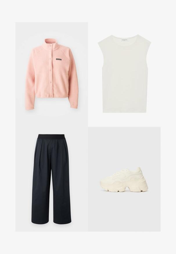 Giacca in pile rosa chiaro con chiusura a bottoni a pressione, colletto alto, maniche lunghe e logo Columbia sul petto.; Top bianco senza maniche con scollatura rotonda. Realizzato in tessuto liscio, presenta una vestibilità rilassata e un design minimalista. Nessun motivo o accentuazione.; Pantaloni neri a gamba larga con pieghe sulla parte anteriore, vita elastica e tessuto dal tocco morbido. Presentano una vestibilità ampia e lunghezza corta.; Sneakers bianchi chunky realizzati in mesh testurizzato e materiali sintetici, dotati di una suola spessa e dettagli con motivi intricati lungo i lati.