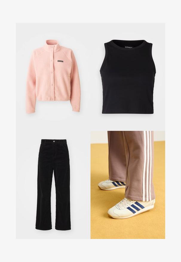 Blød lyserød fleecejakke med trykknaplukning, høj krave, lange ærmer og Columbia-logo på brystet.; Sort ribbet crop tank top med rund halsudskæring og ærmeløs design. Fremstillet af blødt, strækbart stof, med rene kantede kanter.; Sorte fløjl brede bukser med høj talje, der har en frontknap- og lynlås lukning, samt lodrette ribbede tekstur over hele.; Creme sneakers med blå ruskindstriber, hvide snørebånd og gummisål. Parret med grå sweatpants med hvide sidestiber.