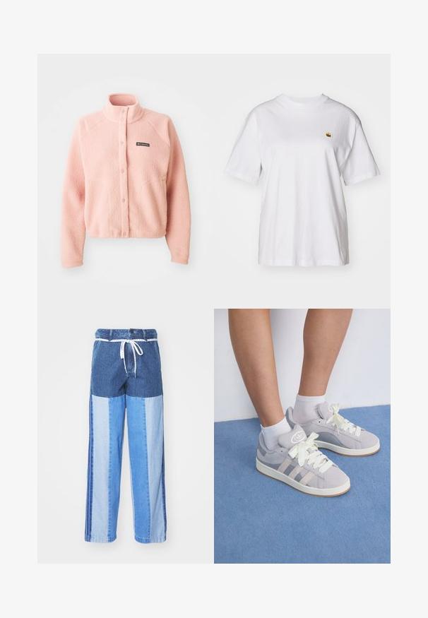 Pehmeä vaaleanpunainen fleece-takki, jossa on nepparikiinnitys, korkea kaulus, pitkät hihat ja Columbia-logo rinnassa.; Valkoinen puuvillapaita rentoa istuvuutta, lyhyet hihat ja pieni kirjailtu logo vasemmassa rinta-alueessa.; Siniset farkut, joissa on erilaisia sinisen sävyjä sisältävä palapeli-tyylinen suunnittelu, kiristysnyöri vyötäröllä sekä löysät suorat lahkeet.; Harmaat nubukiset lenkkarit, joissa on valkoiset nauhat ja kumipohja. Sivussa kolme vinoraitaa ja logo-merkki kielessä.