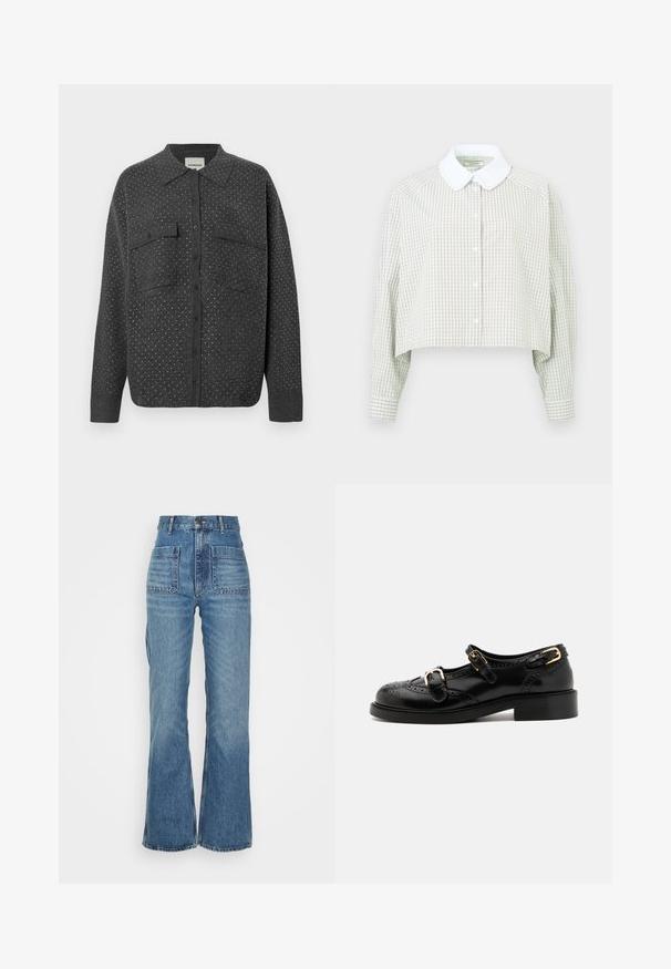 Tumši pelēks krekliņš ar pogām, izgatavots no mīksta auduma, ar punktuotu rakstu, divām krūšu kabatām un klasisku apkakli.; Izgriezts pogkrekls gaiši zaļā un baltā rūtainā rakstā. Ar baltu apkakli un garām piedurknēm ar pogām. Mīksts audums.; Augstu jostas zila denima bikses ar izplestiem galiem, divām priekšējām kabatām un divām aizmugurējām kabatām; teksturēts audums ar izbalējušu krāsu.; Melnas ādas kurpes ar brogue detaļām, ar diviem sprādžu siksnām, noapaļotu purngalu un zemu papēdi. Gluda tekstūra ar spīdīgu apdari.