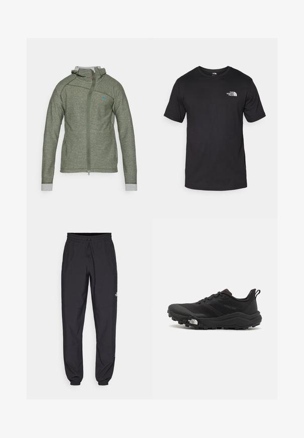 Zaļa zip-up kapuce ar teksturētu apdari, pelēka iekšējā apkakle un kontrastējoši pelēki aproces. Tam ir mazs zils logo uz krūtīm.; Melna īsām piedurknēm T-krekls, kas izgatavots no kokvilnas, ar apaļu dekoltē un nelielu baltu logotipu augšējā kreisajā krūtīs.; Melni sporta bikses, kas izgatavotas no viegla auduma, ar savelcamu jostu, sānu kabatām un sašaurinātiem apakšējiem galiem pie potītēm.; Melnas taku skriešanas kurpes ar teksturētu virsu, gumijas zoli un pastiprinātu pirkstu daļu. Aprīkotas ar mīkstu apkakli un vilkšanas cilpu, lai viegli uzvilktu.