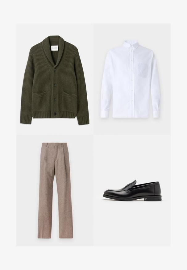 Dunkelolivgrüner, gerippter Cardigan mit einem Schalkragen, ausgestattet mit vier schwarzen Knöpfen, zwei Vorderfächern und einem strukturierten Strickmuster.; Weißes Langarm-Hemd mit Knöpfen aus Baumwolle, ausgestattet mit einer Brusttasche mit tonalem Stickerei, einem Kragen und Knopfmanschetten.; Braune, hochtaillierte Hose aus strukturiertem Stoff. Mit weitem Bein und zwei vorderen Bügelfalten für zusätzliche Form. Saubere Verarbeitung ohne sichtbare Hardware.; Schwarze Lederloafers mit glatter Textur, rundem Zehenbereich und einem dekorativen Riemen über dem Vorderfuß. Niedriger, gestapelter Absatz, minimalistisches Design.